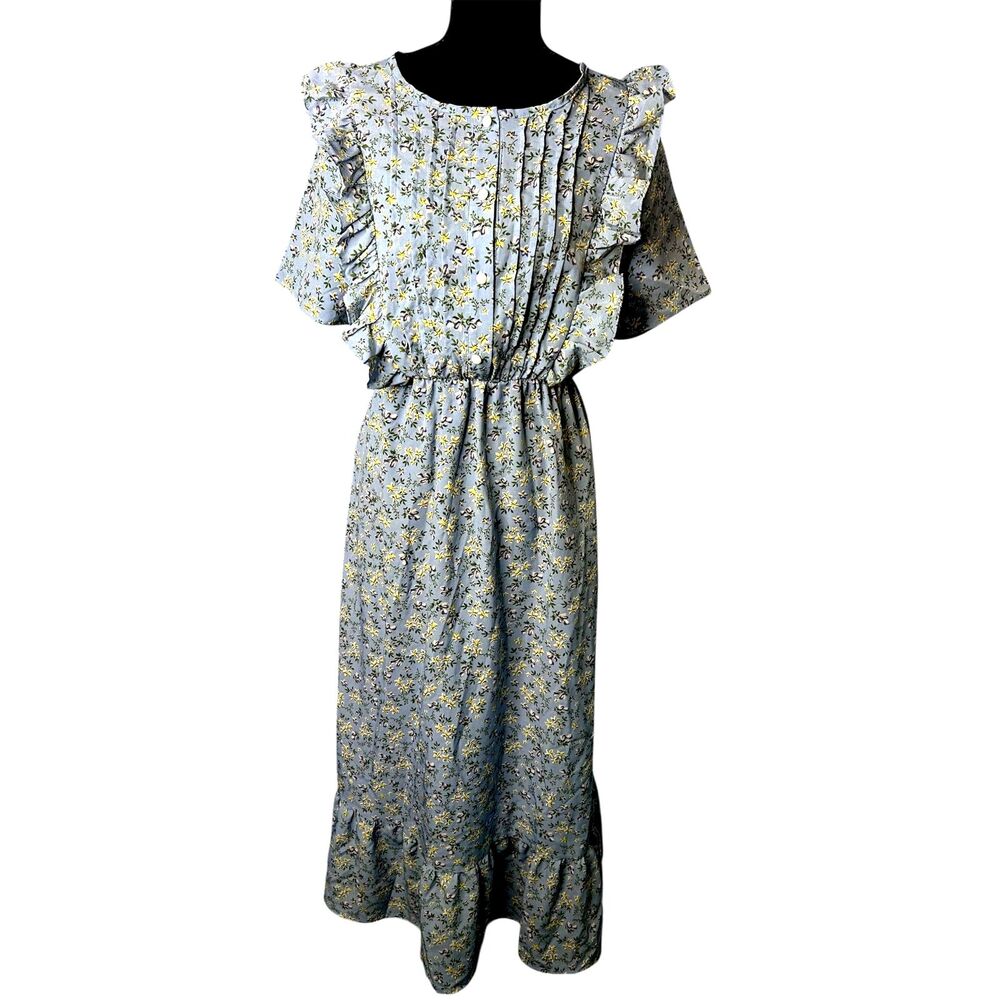 Womens Multicolor Floral Maxi Dress Sz S Cottagecore Prairie Ruffle Short Sleeve